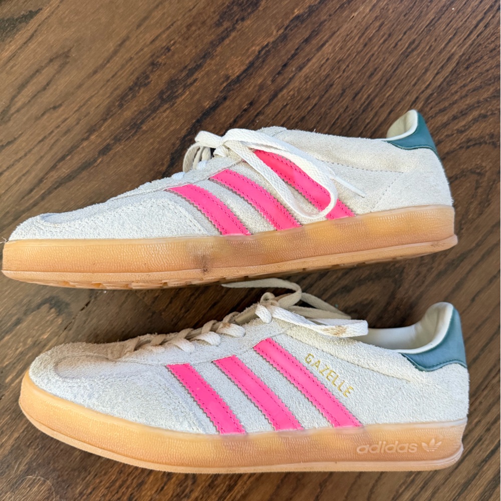 adidas Women's White Suede Sneakers with Pink Stripes and Gum Sole